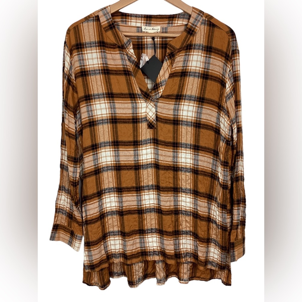 Jane and Delancey Orange Plaid Relaxed Fit Blouse Top Western v neck